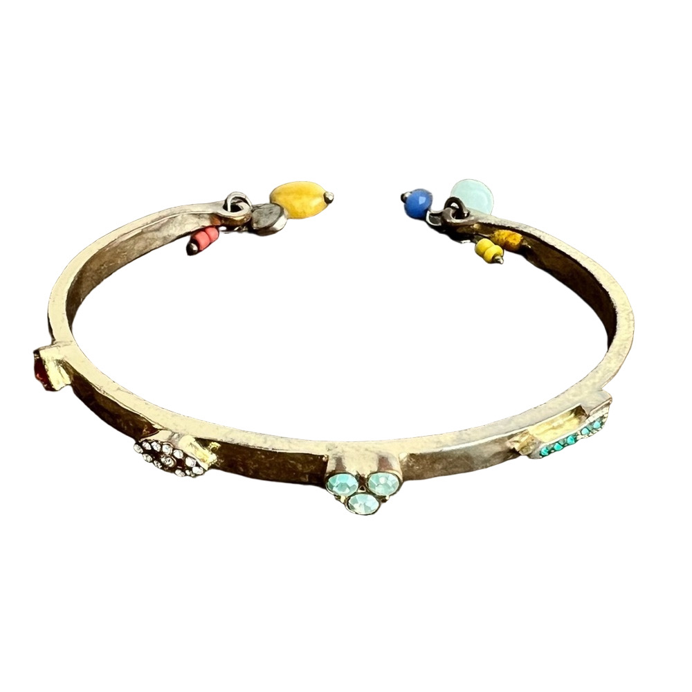 Hammered gold tone multicolor bead charm boho cuff bracelet